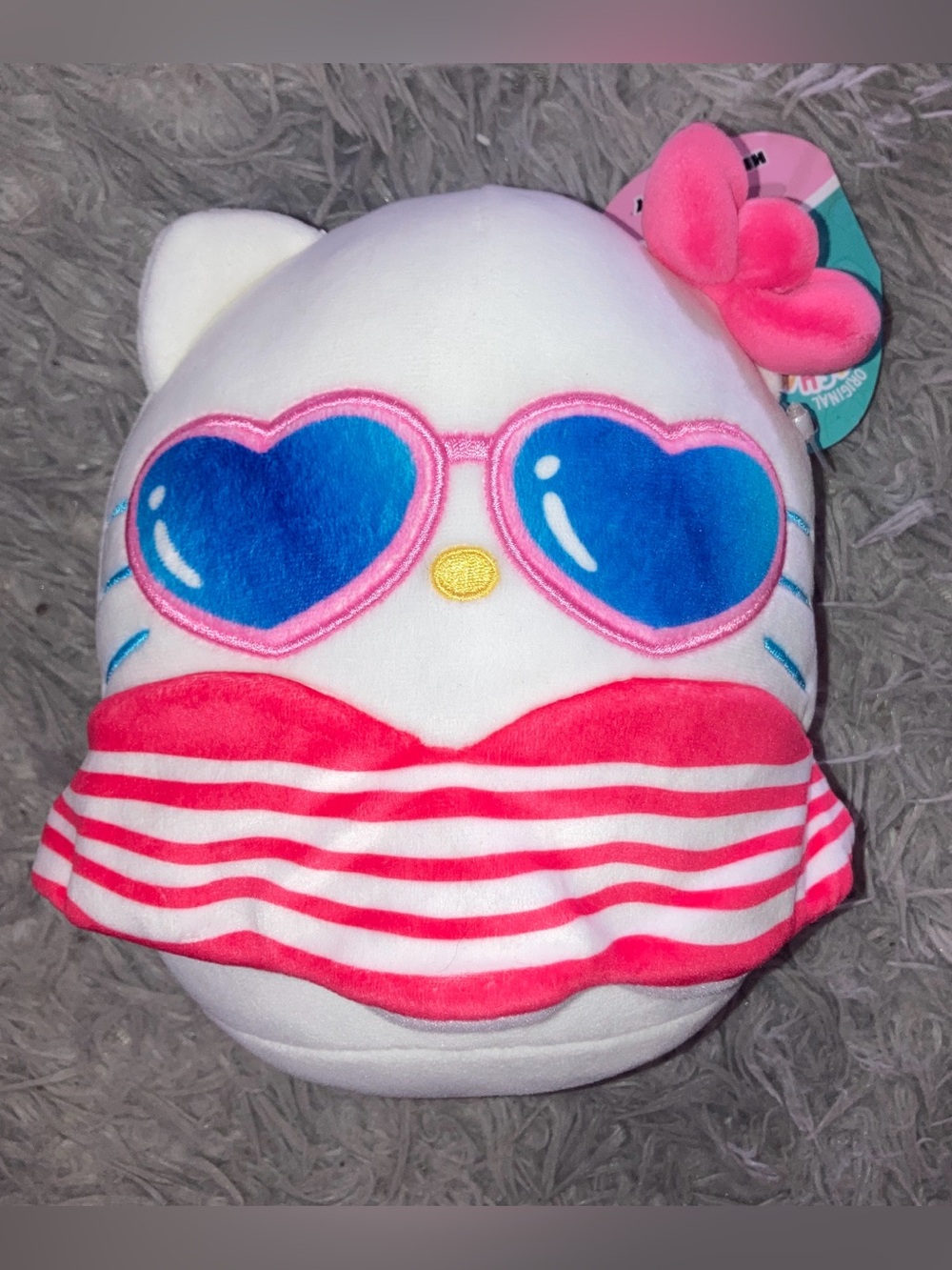 Hello Kitty White Plush with Blue Heart Sunglasses and Pink Stripes